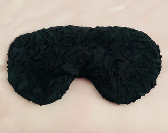Black Flocked Velvet Sleep Mask: Silk Charmeuse Lining, Adjustable