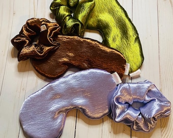 Gold Crushed Satin Sleep Eye Pillow and Scrunchie Set: Silk or Satin Backing