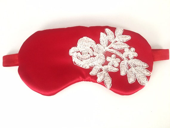 Red Satin Sleep Mask with White Lace Silk Sleep Blindfold Gift Under 50 Gift for Her