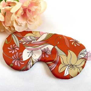 Adjustable Sleep Mask Copper with Lily Flowers, Oversized Eye Mask, Lightweight Fluffy Padded, Silk Charmuese Backing, Black Owned Shops