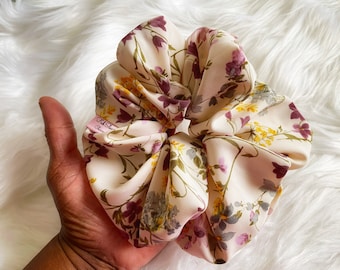 Jumbo Floral Scrunchie: Ivory & Purple Flower Hair Tie