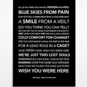Pink Floyd - Wish You Were Here - Black & White Lyric Art Poster