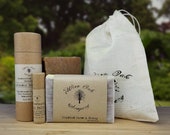 Bath Body Gift Set with 4.5 oz Oat and Honey bar soap, Peppermint lip balm, and Lavender body balm with muslin gift bag