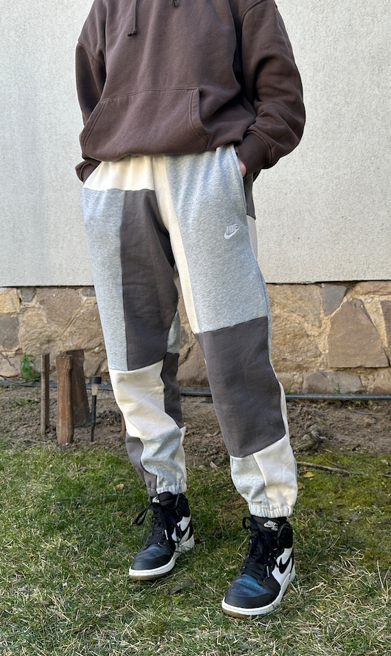 upcycled nike pants, patchwork clothing, recycled 