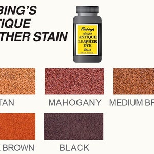Op de afbeelding: Fiebing's Antique Leather Dye in een zwarte fles met een geel etiket. Kleurstalen tonen het effect van de kleurstof op leer in tan, mahonie, middelbruin, donkerbruin en zwart.