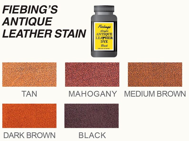 Op de afbeelding: Fiebing's Antique Leather Dye in een zwarte fles met een geel etiket. Kleurstalen tonen het effect van de kleurstof op leer in tan, mahonie, middelbruin, donkerbruin en zwart.
