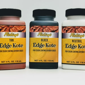 May include: Three bottles of Fiebing's Edge Kote leather edge coating in tan, black, and neutral colours. Each bottle contains 4 fluid ounces (118 ml).