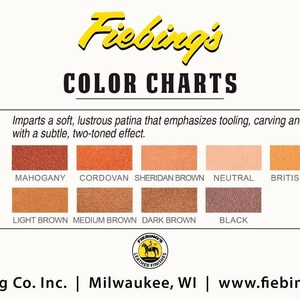 May include: Fiebing's Antique Leather Finish colour chart displaying 10 different leather colours, including Mahogany, Cordovan, Sheridan Brown, Neutral, British Tan, Tan, Light Brown, Medium Brown, Dark Brown, and Black.