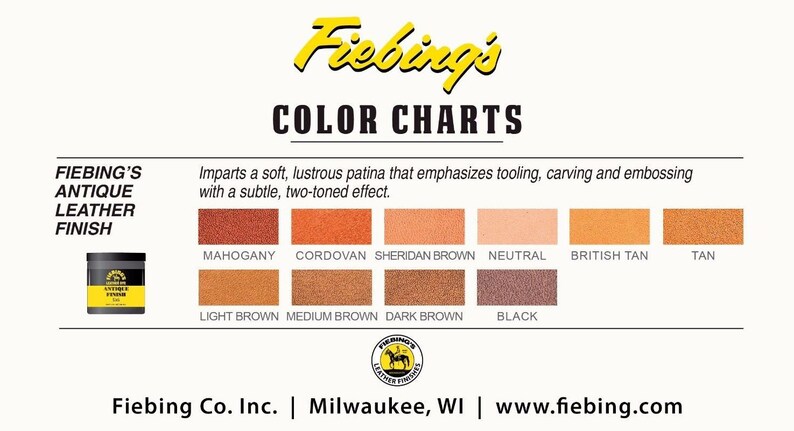 May include: Fiebing's Antique Leather Finish colour chart displaying 10 different leather colours, including Mahogany, Cordovan, Sheridan Brown, Neutral, British Tan, Tan, Light Brown, Medium Brown, Dark Brown, and Black.