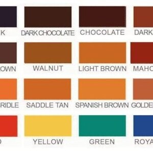 May include: Color chart with 16 different leather dye colors, including black, dark chocolate, chocolate, dark brown, show brown, walnut, light brown, mahogany, English bridle, saddle tan, Spanish brown, golden brown, red, yellow, green, and royal blue.