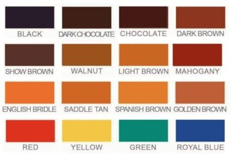 May include: Color chart with 16 different leather dye colors, including black, dark chocolate, chocolate, dark brown, show brown, walnut, light brown, mahogany, English bridle, saddle tan, Spanish brown, golden brown, red, yellow, green, and royal blue.