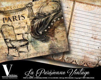 Può includere: Un foglio stampabile in stile vintage con tema parigino. Il foglio presenta un disegno di una donna con un cappello grande, una sedia e il testo "Paris is calling". Il foglio ha un aspetto usurato e invecchiato con una combinazione di colori marrone e bianco.
