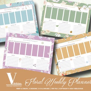 FLORAL WEEKLY PLANNER, 4 Designs, Weekly Schedule, Week At a Glance, Weekly Organizer, Desk Planner, To Do Planner, Instant Download