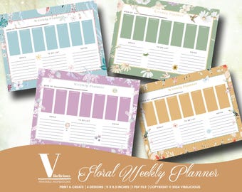 May include: Four printable floral weekly planner designs. Each planner features a different floral pattern in shades of blue, pink, green, and yellow. The planners are 11 x 8.5 inches and are available as a PDF file.