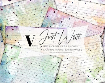 May include: Six printable journal pages with a watercolor background in shades of pink, blue, green, and yellow. The pages have black lines and white speckles. The text "Just Write" is in black text with a white outline. The text "Print & Create | 11 x 8.5 inches" is in black text. The text "6 Journal Papers | 300 dpi Images" is in black text. The text "Copyright © 2020 Vibelicious" is in black text.