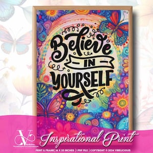 BELIEVE IN YOURSELF Inspirational Art Print, Wall Art, Home Decor, Motivational Print, Whimsical Art Print, Quote Art, Instant Download