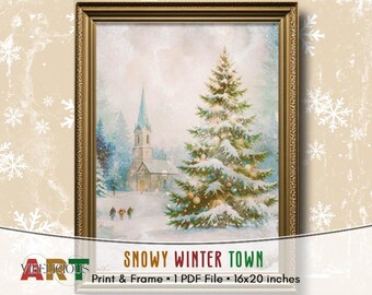 SNOWY WINTER TOWN Kunstdruck, Winterlandschaft, Vintage Weihnachtsdekoration, Vintage Winter, digitaler Download