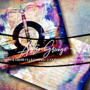 May include: Two digital journal papers featuring a watercolour design with a Libra zodiac symbol, stars, and a grunge background. The papers are 11 x 8.5 inches and 1300 dpi. The text "Astro Grunge Libra" is printed on the papers.