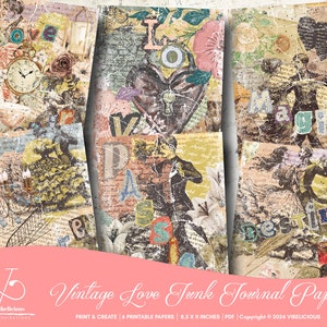 VINTAGE LOVE Collage Junk Journal Wydrukowane papiery, Love Affair, Wydrukowany papier do dziennika, Junk Journal, Tła Vintage, Techniki mieszane