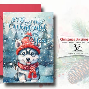 Carte de voeux de Noël, bébé Husky mignon, c'est la plus belle période de l'année, 5 x 7, carte de voeux de vacances, téléchargement immédiat
