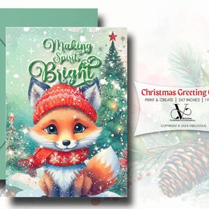 Carte de voeux de Noël, bébé renard mignon, esprit lumineux, 5 x 7, carte de voeux de vacances, art imprimable, art de Noël, téléchargement immédiat
