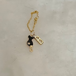 May include: A gold chain necklace with a black cat charm and a gold letter 'B' charm.