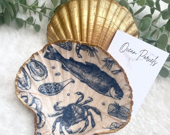 Hand finished Natural Scallop Shell Dish Ornament - Mixed Fish Shellfish, Crab, Lobster, Oyster - Silver or Gold Hand Hinish - Decoupage