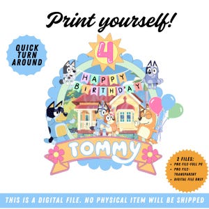 Topper per torta di compleanno a forma di famiglia di cani stampabile in formato PNG / Topper per torta di compleanno a forma di cane dei cartoni animati / Decorazione per feste a tema cucciolo /
