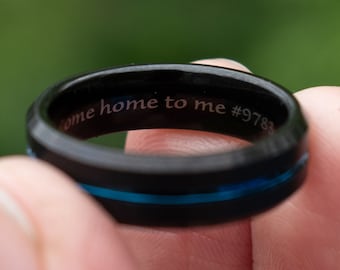 Thin Blue Line Ring | Police Tungsten Men's Women's Wedding Size 5-15 6mm 8mm | Black Band | Personalized Engraving | Law Enforcement