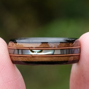 Whisky Barrel Abalone Shell Guitar String Tungsten Ring | Men's Black Wedding Band | 8mm Size 9-13 | Whiskey Music Personalized Engrave Gift