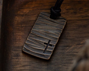 Rugged Cross Dog Tag Pendant - Mens Handmade Bronze Necklace - Leather Cord Titanium Curb Chain - Christian Baptism Salvation Engraved Gift