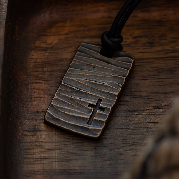 Rugged Cross Dog Tag Pendant - Mens Handmade Bronze Necklace - Leather Cord Titanium Curb Chain - Christian Baptism Salvation Engraved Gift