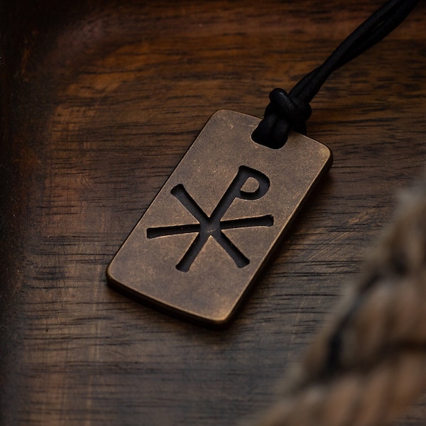 Chi Rho Bronze Dog Tag Pendant - Mens Christian Handmade Bronze Necklace - Leather Cord Titanium Chain - Baptism Salvation Engraved Gift