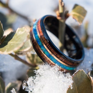 Fede nuziale hawaiana in legno di koa, opale blu, oro rosa, anello da donna in tungsteno, misura 8 mm, 9-13, gioielli con incisione personalizzata
