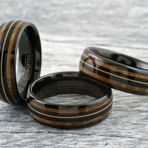Whisky Barrel Guitar String Black Tungsten Ring | Men&#39;s Black Wedding Band | 8mm Size 8-15 | Whiskey Musician Personalized Engraved Gift