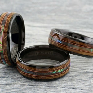 Whisky Barrel Abalone Shell Guitar String Tungsten Ring | Men's Black Wedding Band | 8mm Size 8-15 | Whiskey Music Personalized Engrave Gift