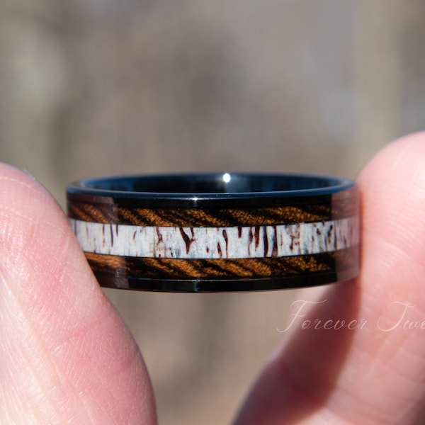 Exotic Bocote Wood Deer Antler Ring | Men's Black Tungsten Wedding Band | 8mm Size 9-15 | Personalized Rustic Koa Wood Anniversary Gift