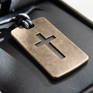 Cross Dog Tag Pendant - Mens Handmade Bronze Necklace - Leather Cord Titanium Curb Chain - Christian Baptism Salvation - Engraved Gift