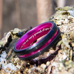 Breast Cancer Survivor Ring | Pink Line Support Tungsten Band | Men's Women's Size 5-13 6mm 8mm | Personalized Engraving | Engraved Jewelry