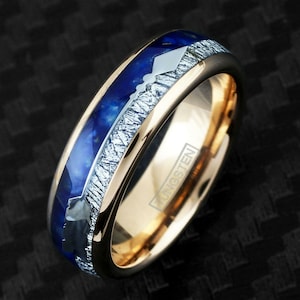 Rose Gold Blue Lapis Lazuli Meteorite Ring | Tungsten Men&#39;s Women&#39;s Wedding Band | 6mm 8mm | Silver Arrow | Personalized Engravable Gift