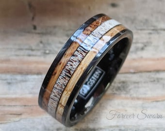 Whisky Barrel Antler Black Tungsten Ring | Men's Black Wedding Band  | Women's 6mm 8mm Size 5-15 | Whiskey Rustic Personalized Engraved Gift