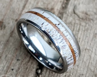 Hertengewei herenring | Houten trouwring | Rustiek buitenbeen | 6 mm 8 mm bandmaat 5-13 zilver wolfraam | Gepersonaliseerde aangepaste gravure