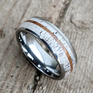 Deer Antler Men&#39;s Ring | Wood Wedding Band | Rustic Outdoor Bone | 6mm 8mm Band Size 5-13 Silver Tungsten | Personalized Custom Engraving