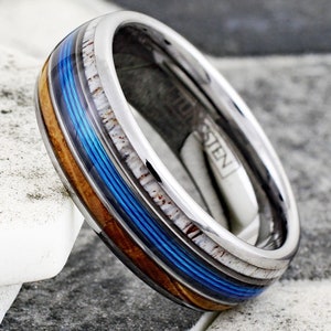 Whisky Barrel Deer Antler Fishing Line Silver Tungsten Ring | Outdoors Men&#39;s Wedding Band | Whiskey Rustic Engraved Gift | Fish Hunt