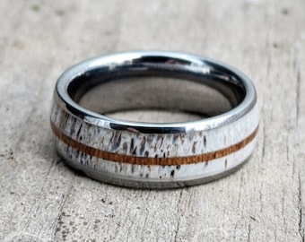 Deer Antler Men's Ring | Wood Wedding Band | Rustic Outdoor Bone | 6mm 8mm Band Size 5-13 Silver Tungsten | Personalized Custom Engraving
