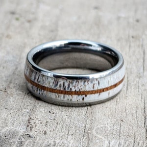 Deer Antler Men&#39;s Ring | Wood Wedding Band | Rustic Outdoor Bone | 6mm 8mm Band Size 5-13 Silver Tungsten | Personalized Custom Engraving