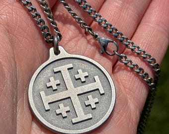 Jerusalem Cross Titanium Round Pendant - Mens Christian Handmade Necklace - Crusader Cross - Baptism Salvation Engraved Men's Gift