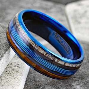 Whisky Barrel Deer Antler Fishing Line Tungsten Ring | Outdoors Men&#39;s Wedding Band | Blue Line | Whiskey Rustic Engraved Gift | Fish Hunt