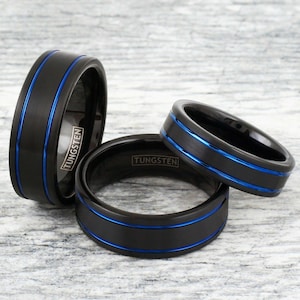 Thin Blue Line Ring | Police Tungsten Men&#39;s Women&#39;s Wedding Size 5-15 6mm 8mm | Black Band | Personalized Engraving | Law Enforcement