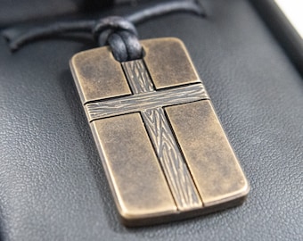Wooden Texture Cross Dog Tag Pendant - Mens Handmade Bronze Necklace - Leather Titanium Chain - Christian Baptism Salvation Gift - Engraved
